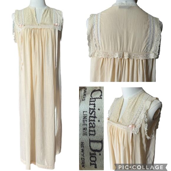 Christian Dior Other - Vintage 50's Christian Dior cream & pink lace long nightgown size small